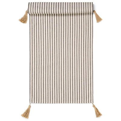 Table Runner Cott Strip Jute Tassls Dark Grey-of White