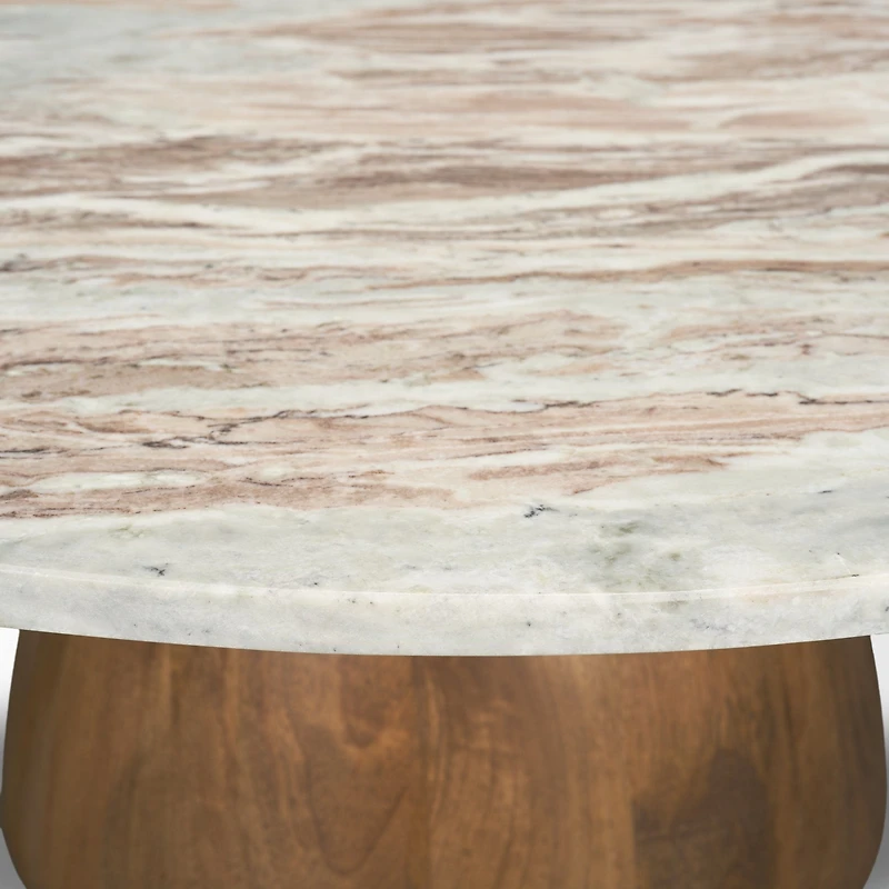 Allyson Round Brown Pedestal w/Savar Pink Marble Top Coffee Table