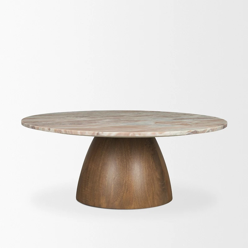 Allyson Round Brown Pedestal w/Savar Pink Marble Top Coffee Table