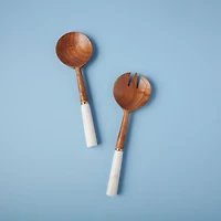 White Marble & Wood with Gold Band Serving Set