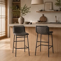 Kavalan 33.5" Total Height Ebony Leather Seat Black Metal Frame Counter Stool