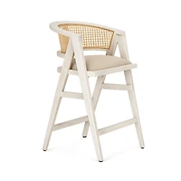 Tabitha Beige Fabric/Rattan Seat Blonde Wood Frame Counter Stool