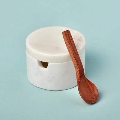 White Marble Lidded Cellar with Wood Spoon