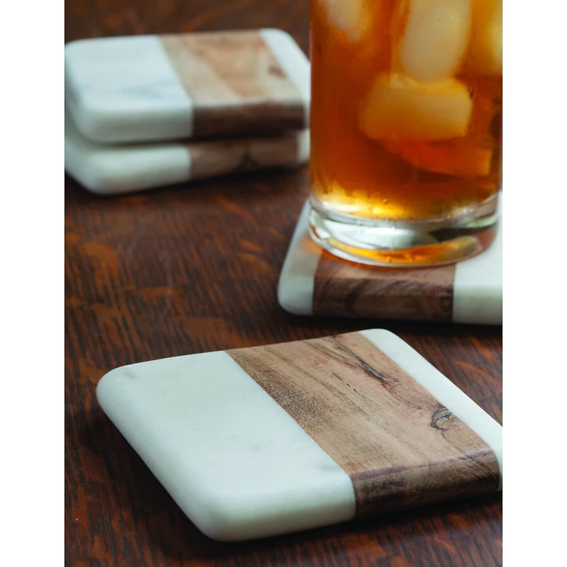 White Marble & Wood Square Coasters - Set of 4