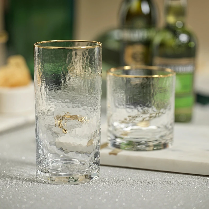 Negroni Hammered Double Old Fashioned Glass - Clear with Gold Rim