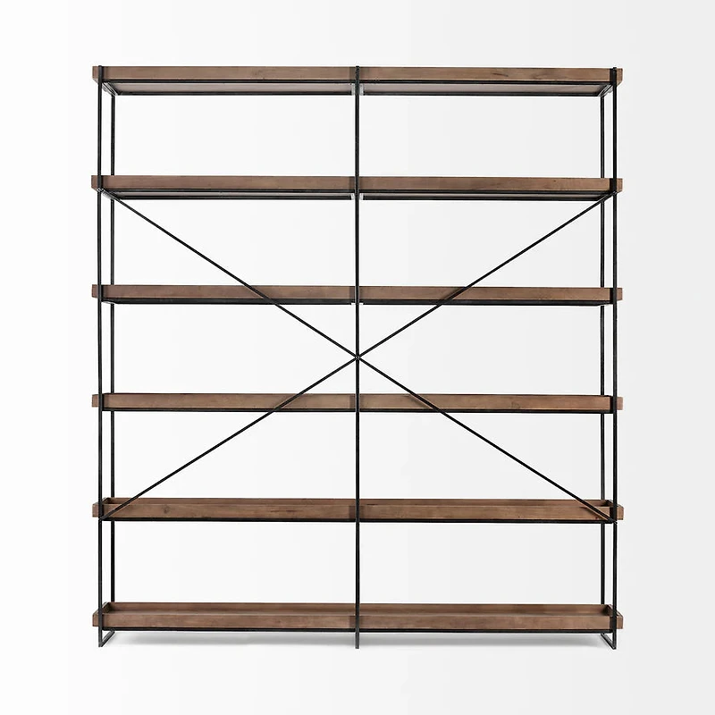 Trey IV 80L x 16W x 87.5H Medium  Brown Wood and Iron Five Tray Shelf  Shelving Unit