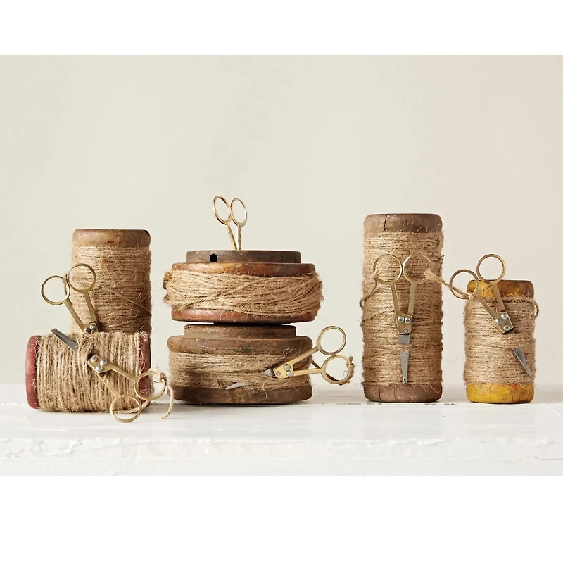 Found Wooden Spools with Jute and Scissors, Set of 3