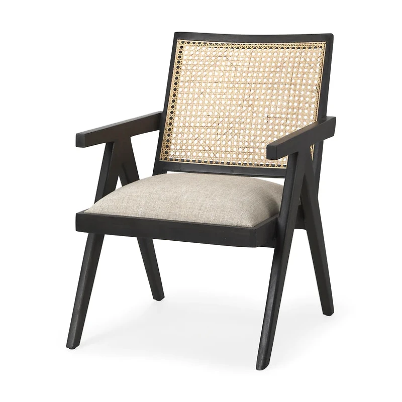 Donna Black Wood Cane-Back w/ Beige Upholstered Seat Accent Chair