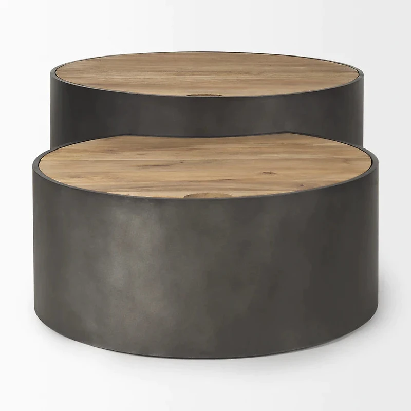 Eclipse Gunmetal Gray Drum Base w/ Brown Wood Top Nested Coffee Table