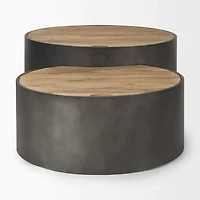 Eclipse Gunmetal Gray Drum Base w/ Brown Wood Top Nested Coffee Table