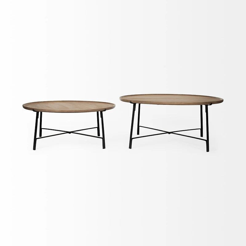 Helios (Set of 2) Brown Solid Wood Top Black Metal Base Nesting Coffee Tables