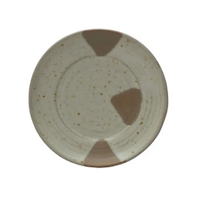 5" Round Stoneware Plate w/ Geometric Pattern - Speckled Cream Color & Brown
