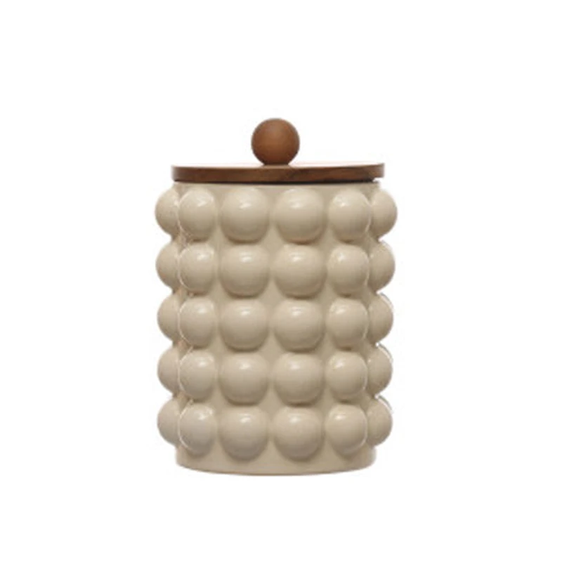 Round Stoneware Canister w/ Raised Dots & Acacia Wood Lid - White Natural