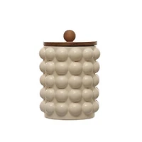 Round Stoneware Canister w/ Raised Dots & Acacia Wood Lid - White Natural
