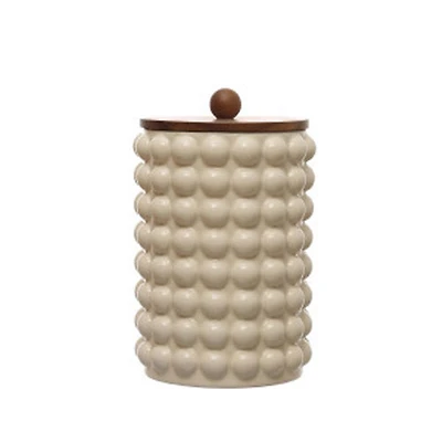 Round Stoneware Canister w/ Raised Dots & Acacia Wood Lid - White Natural