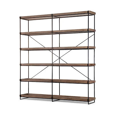 Trey IV 80L x 16W x 87.5H Medium Brown Wood and Iron Five Tray Shelf Shelving Unit