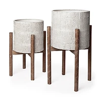 Groot Set Of Two 11.8 X 23 Eggshell Ceramic Wooden Base Plant Stands