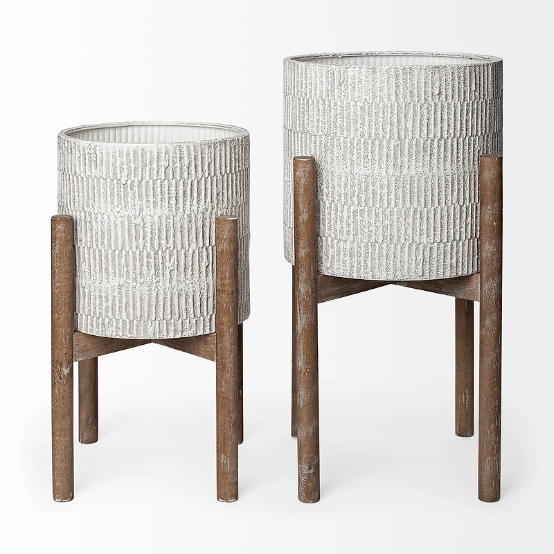 Groot Set Of Two 11.8 X 23 Eggshell Ceramic Wooden Base Plant Stands