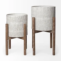 Groot Set Of Two 11.8 X 23 Eggshell Ceramic Wooden Base Plant Stands