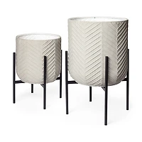 Mabel Set Of Two 15.4 X 24.8 Eggshell Ceramic Black Iron Base Plant Stands