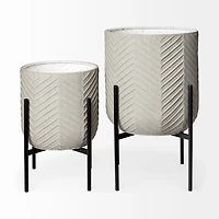 Mabel Set Of Two 15.4 X 24.8 Eggshell Ceramic Black Iron Base Plant Stands