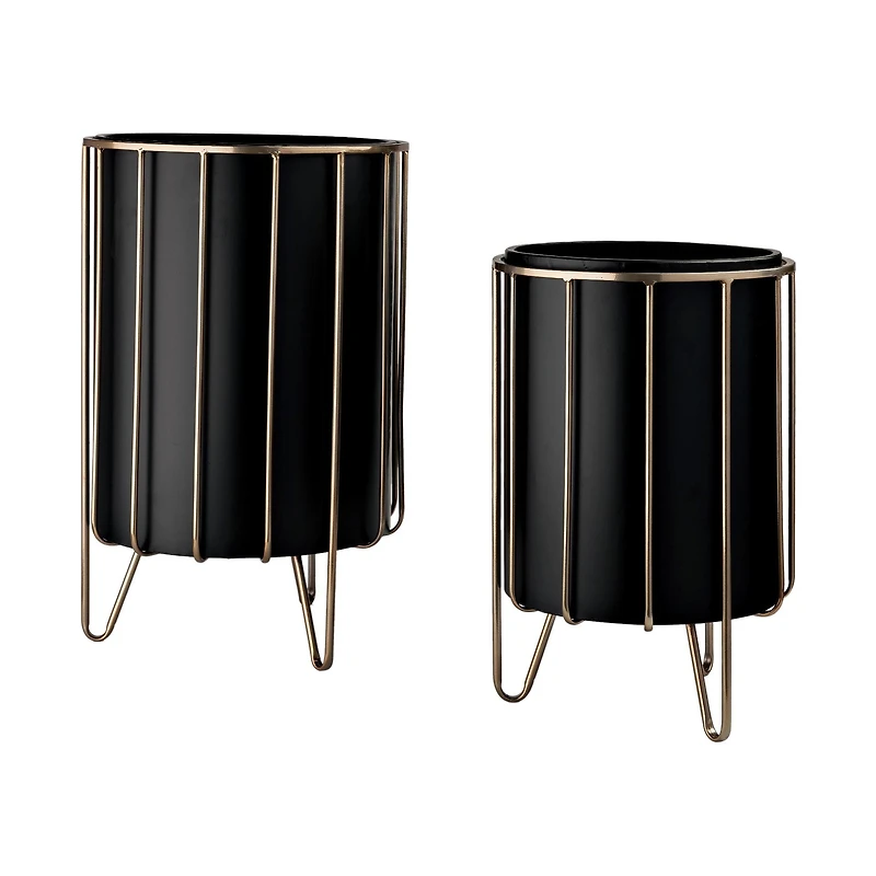 Pianta Black Metal Insert Brass Frame Plant Stands - Set Of 2