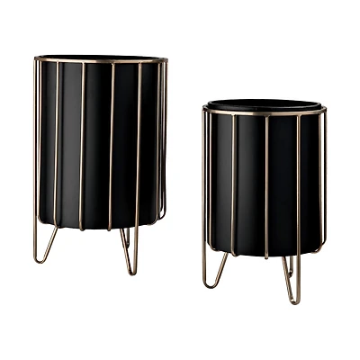 Pianta Black Metal Insert Brass Frame Plant Stands - Set Of 2
