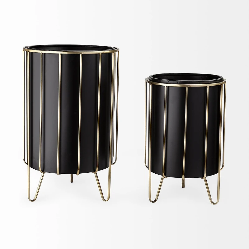 Pianta Black Metal Insert Brass Frame Plant Stands - Set Of 2