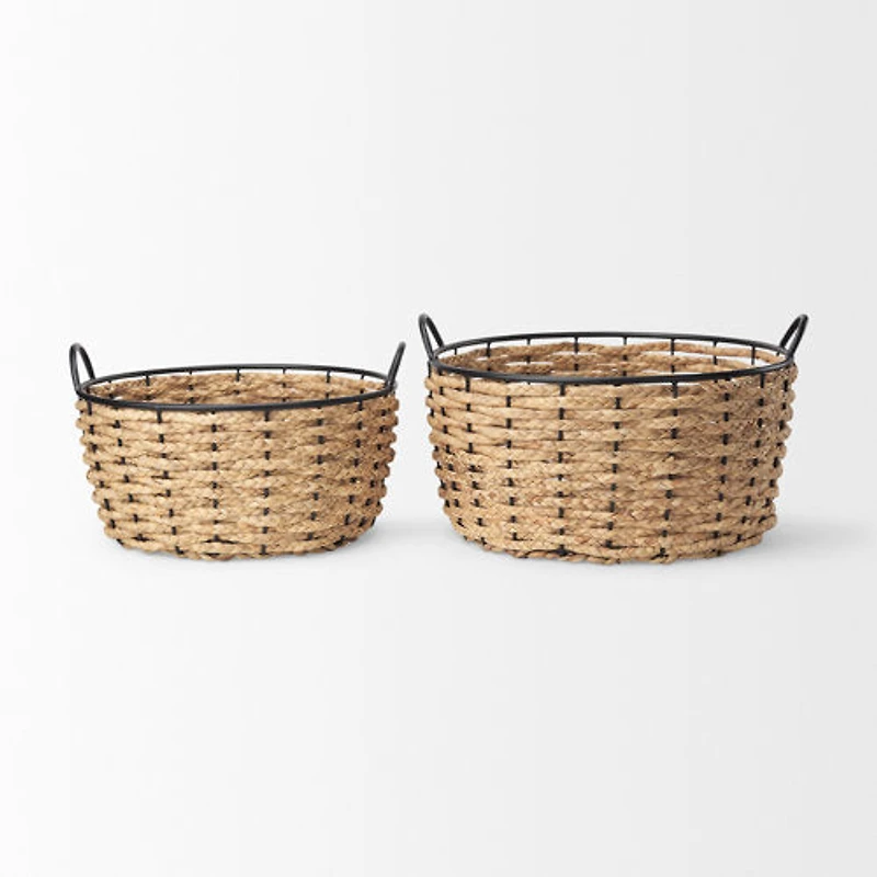 Braelyn 17.3L x 17.3W x 10.6H Set of Two Woven W/ Metal Detail Round Baskets