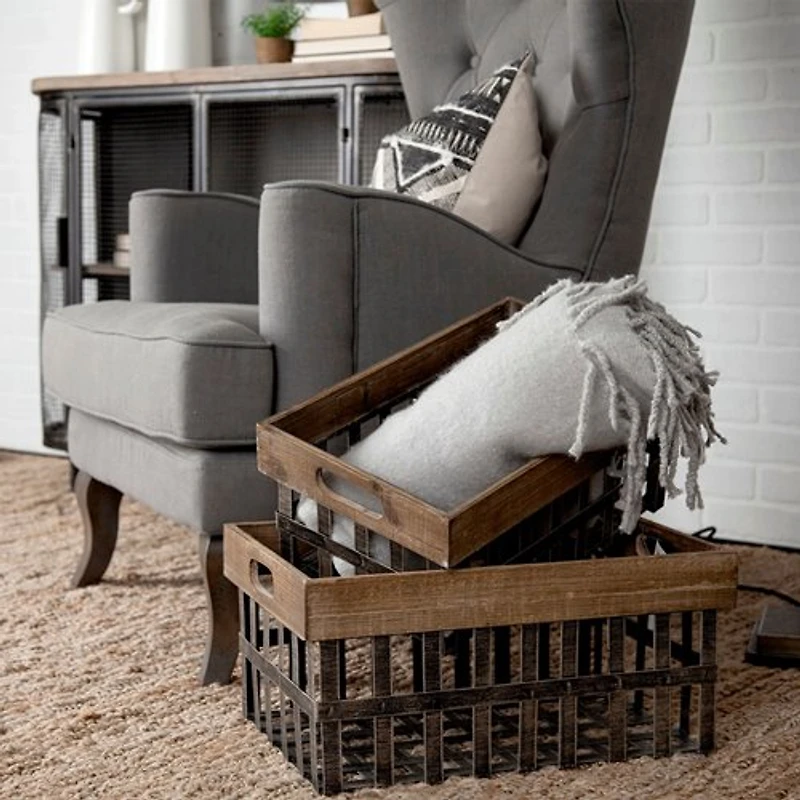 Chartrand Wood And Metal Open Crate Style Baskets