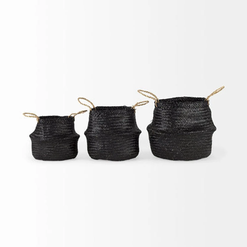 Ella 9.8L x 9.8W x 11.0H (Set of 3) Black Seagrass Basket W/ Light Brown Handles
