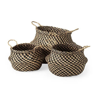 Gaia 17.7L x 17.7W x 20.5H Set of 3 Light and Dark Brown Cross Patterend Belly Seagrass Basket