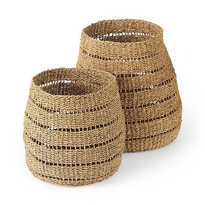Hayes 17.7L x 17.7W x 11.8H (Set of 2) Medium Brown Seagrass Round Basket with Stripe Pattern