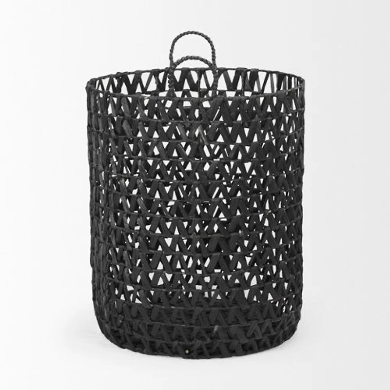 Lola 19.7L x 19.7W x 23.6 Set of 3 Black Water Hyacinth Zig Zag Weave Round Basket W/ Handles