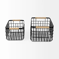 Marius 20.9L x 15.2W x 12.2 Set of Two Matte Black Metal W/ Rope Trim Rectangular Baskets