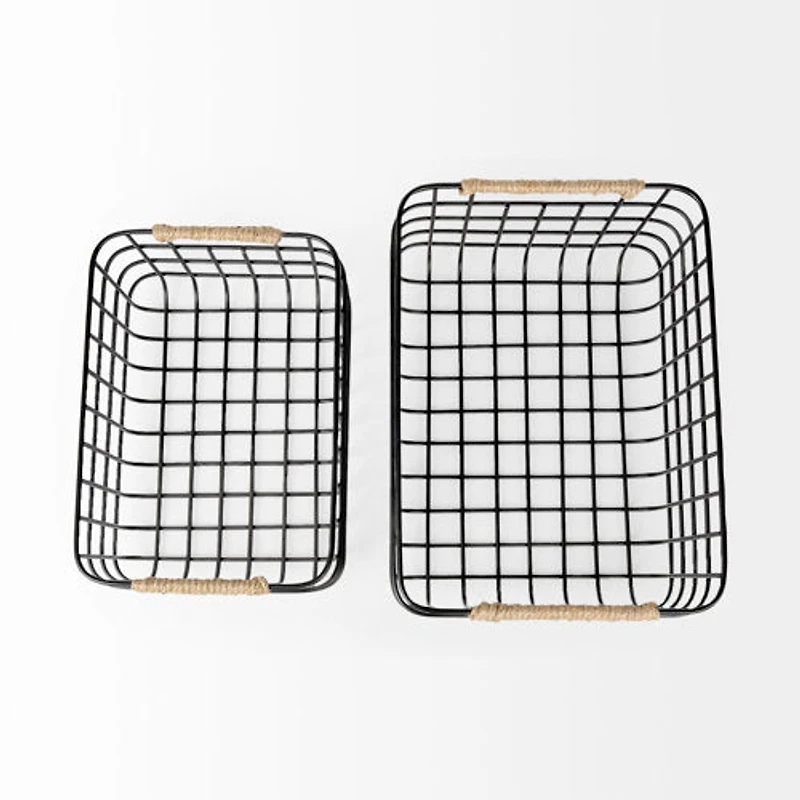 Marius 20.9L x 15.2W x 12.2 Set of Two Matte Black Metal W/ Rope Trim Rectangular Baskets