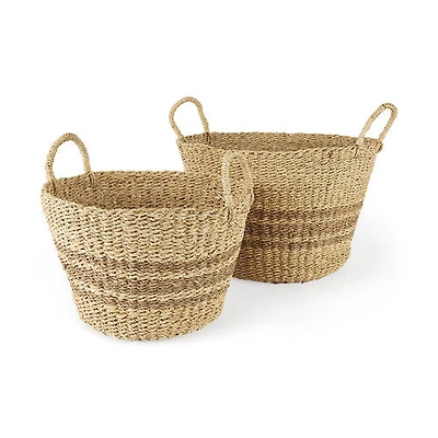 Vance 17.7L x 17.7W x 11.8H Light Brown Palm Leaf and Seagrass Round Basket W/ Handles