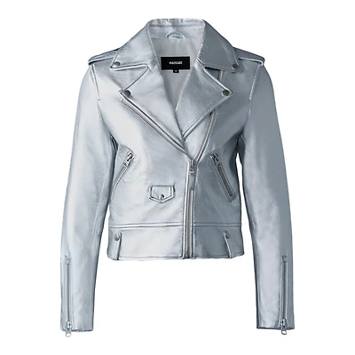Mackage Baya (r) Leather Biker Jacket Silver, Size: