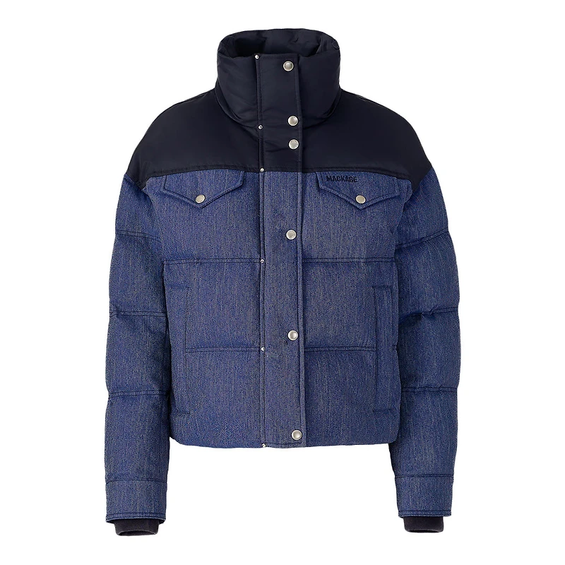 Mackage Brigit-dnm Quilted Denim Down Jacket With Contrast Satin Yoke Medium Denim, Size: