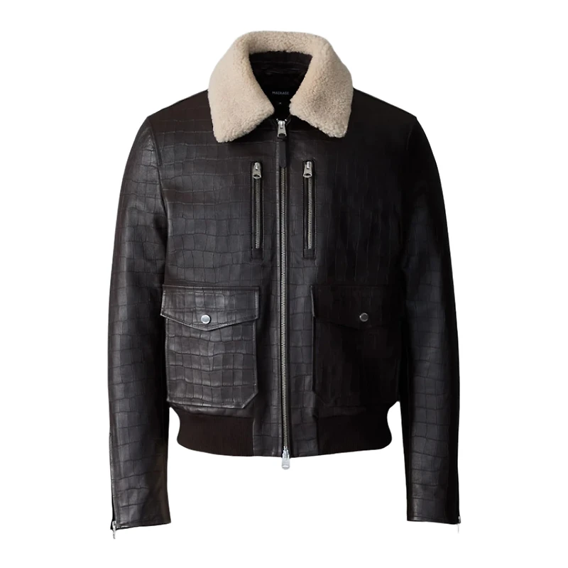 Mackage Chance-nv Croc-embossed Leather Jacket With Shearling Collar Coffee, Size: