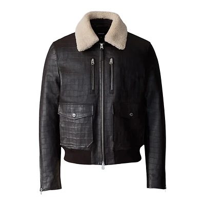 Mackage Chance-nv Croc-embossed Leather Jacket With Shearling Collar Coffee, Size: