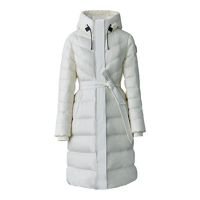 Mackage Coralia Down Coat With Hood And Sash Belt Cream, Size: