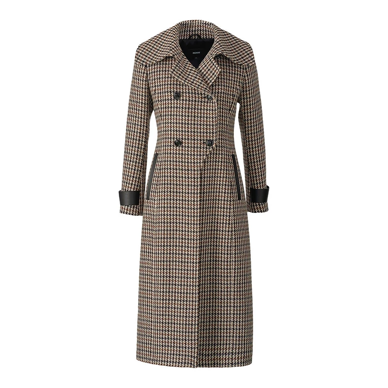 Mackage Elodie-ht Houndstooth Wool Maxi Coat Earth Brown Multi, Size: