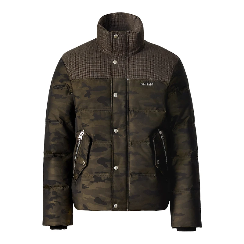 Mackage Everett-jc Technical Camo Down Jacket With Contrast Yoke Army-carbon Multi, Size: