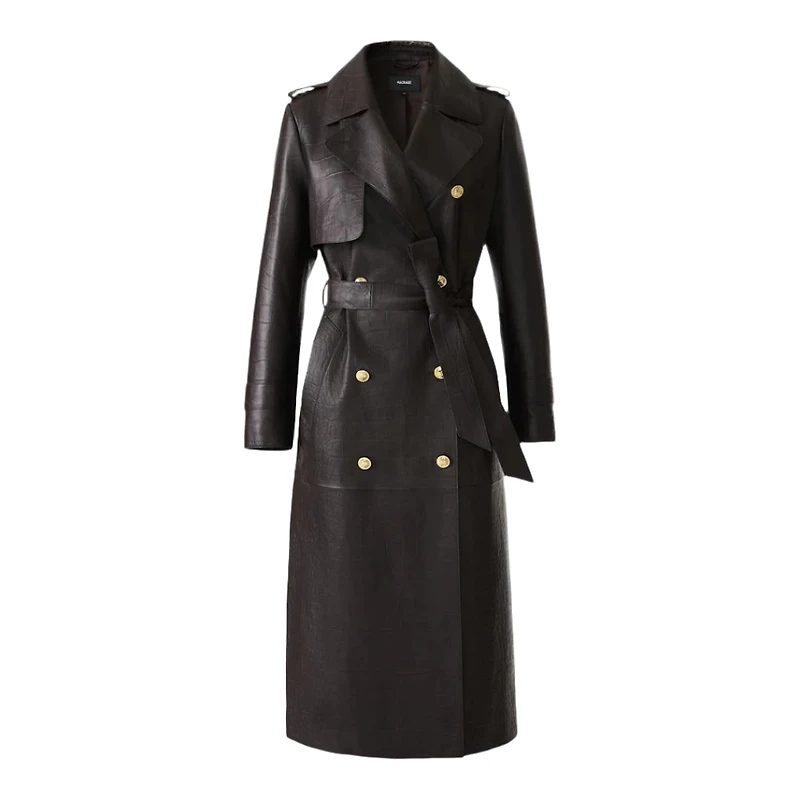Mackage Gael-nv Croc-embossed Maxi Leather Trench Coat Coffee, Size: