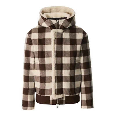 Mackage Jay-pl Plaid Wool Jacket With Shearling-lined Hood Coffee-cream Plaid, Size: