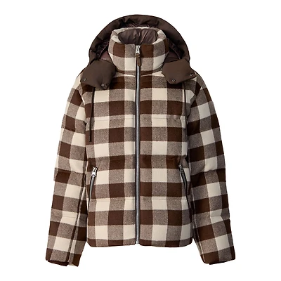 Mackage Kent-pl Plaid Hooded Down Jacket Coffee-cream Plaid, Size: