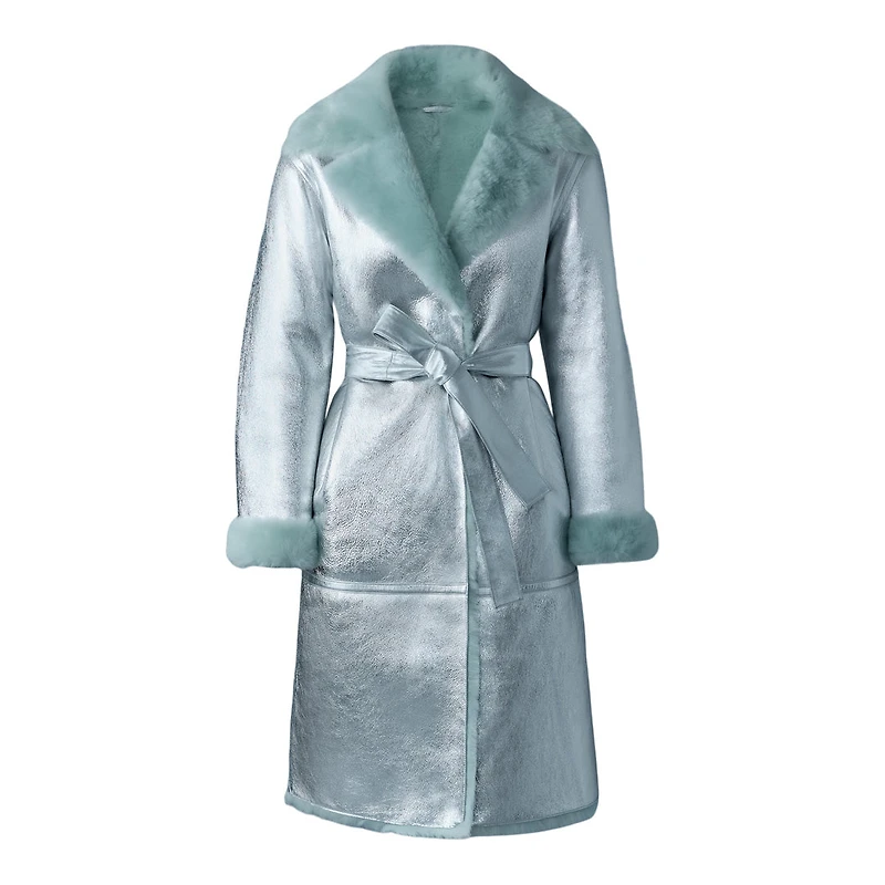 Mackage Kimberly Long Leather Shearling Coat Silver-mint, Size: