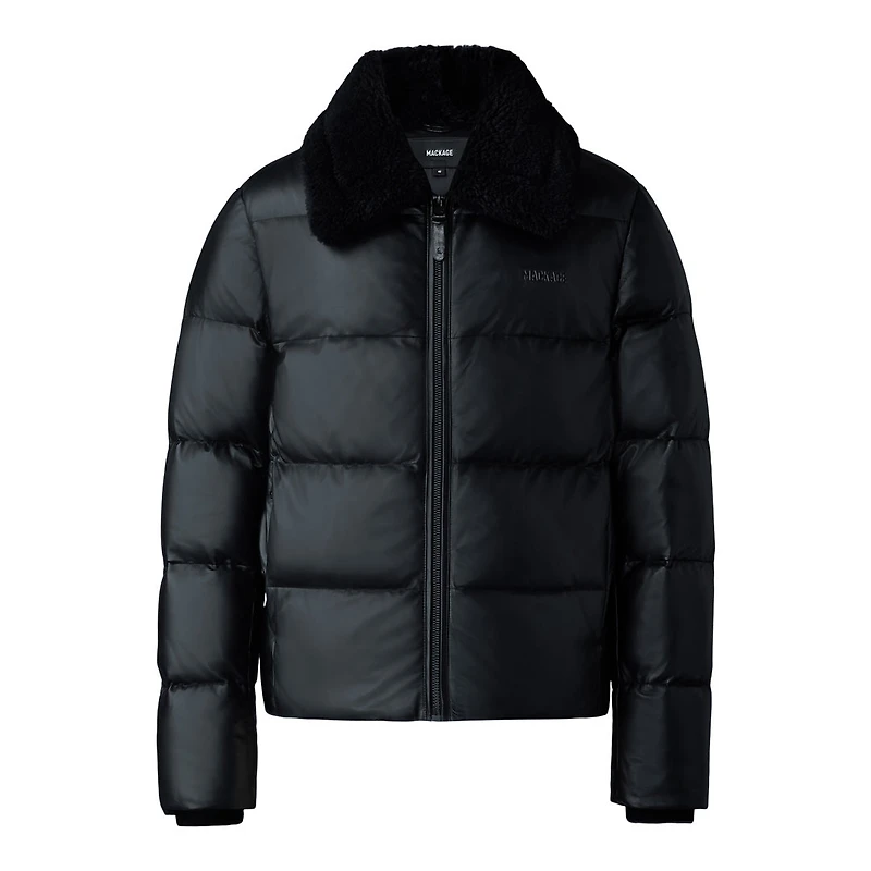 Mackage Kyrie Leather Down Quilted Jacket With Shearling Collar Black, Size: