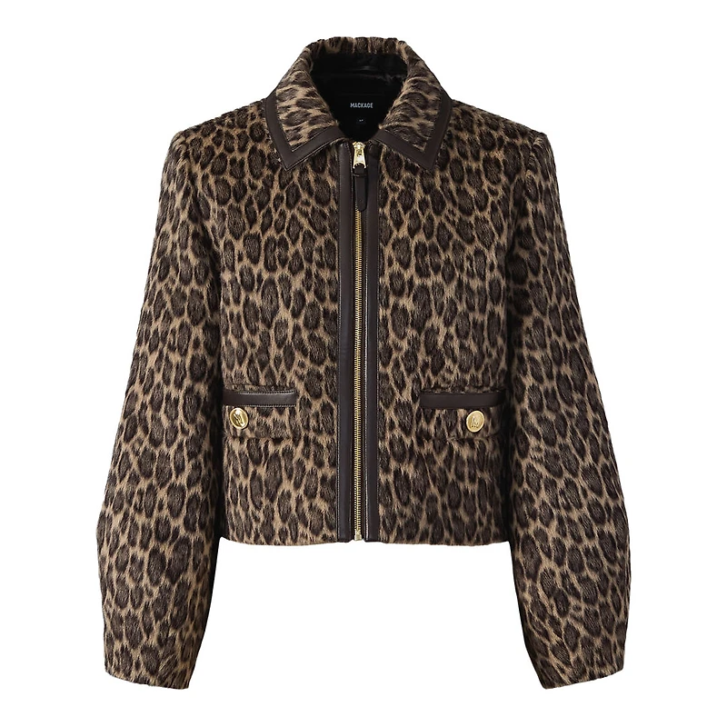 Mackage Lorah-a Animal-print Cropped Leather Jacket Light Camel Multi, Size: